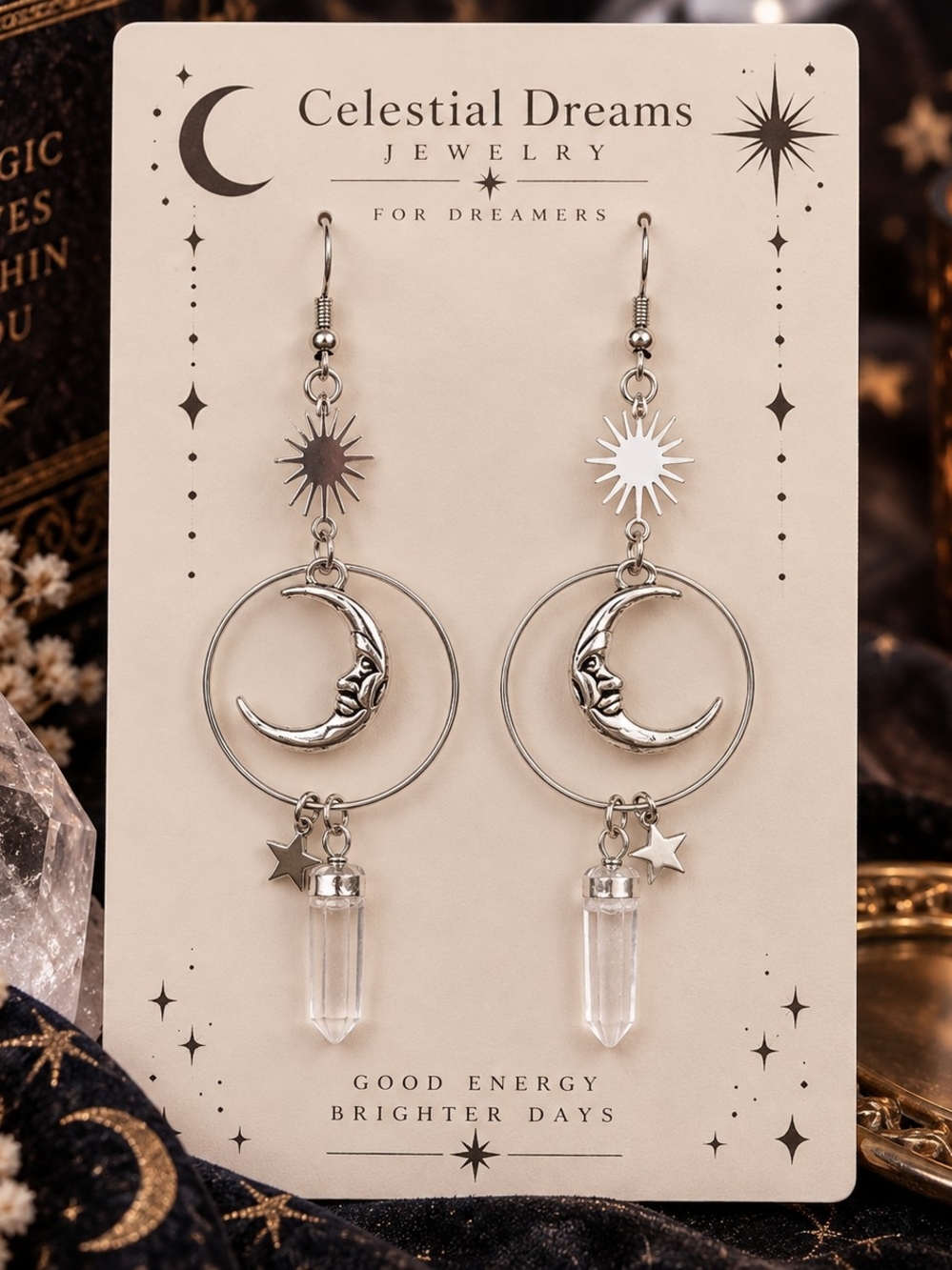 Silver Metal Celestial Moon, Star, Sunburst & Crystal Dangle Drop Earrings New